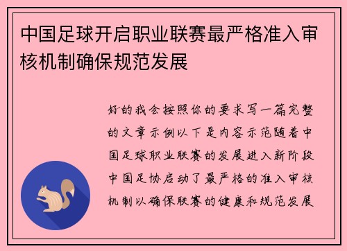 中国足球开启职业联赛最严格准入审核机制确保规范发展