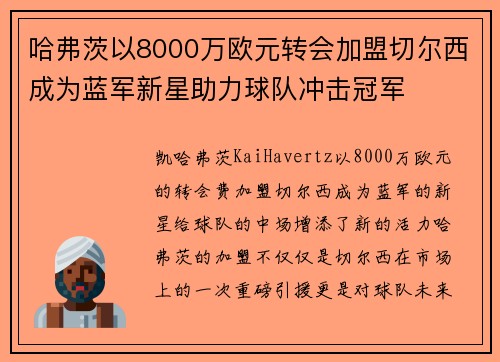 哈弗茨以8000万欧元转会加盟切尔西成为蓝军新星助力球队冲击冠军